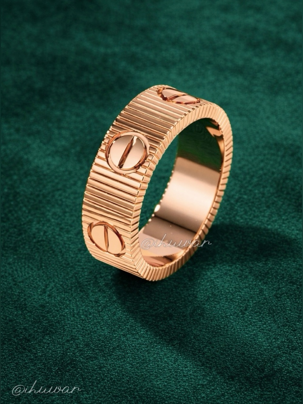 18K Rose Gold Plated LOVE Ring Ribbed Screw Motif Band Size 9